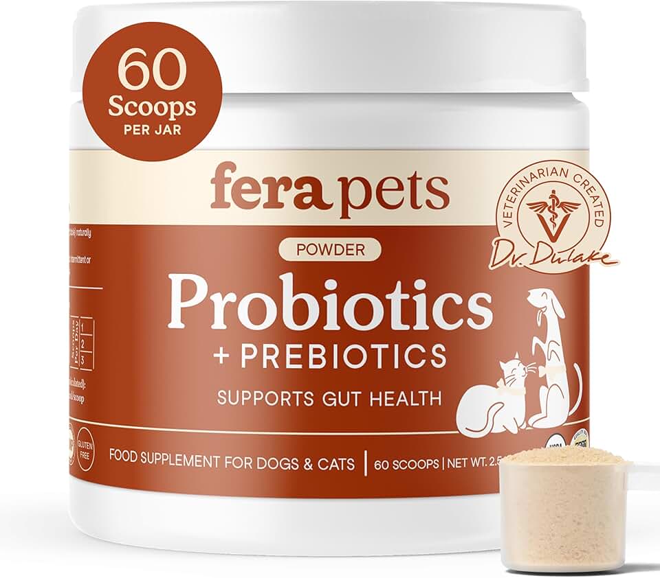Fera Pets Probiotics for Dogs &amp; Cats with Prebiotics - USDA Organic - Gut Health Powder Supplement with 12 Strains and 5 Billion CFUs - Supports Immunity, Energy and Skin &amp; Coat - 60 Scoops USDA Organic