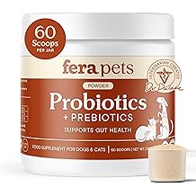 Fera Pets Probiotics for Dogs &amp; Cats with Prebiotics - USDA Organic - Gut Health Powder Supplement with 12 Strains and 5 Billion CFUs - Supports Immunity, Energy and Skin &amp; Coat - 60 Scoops