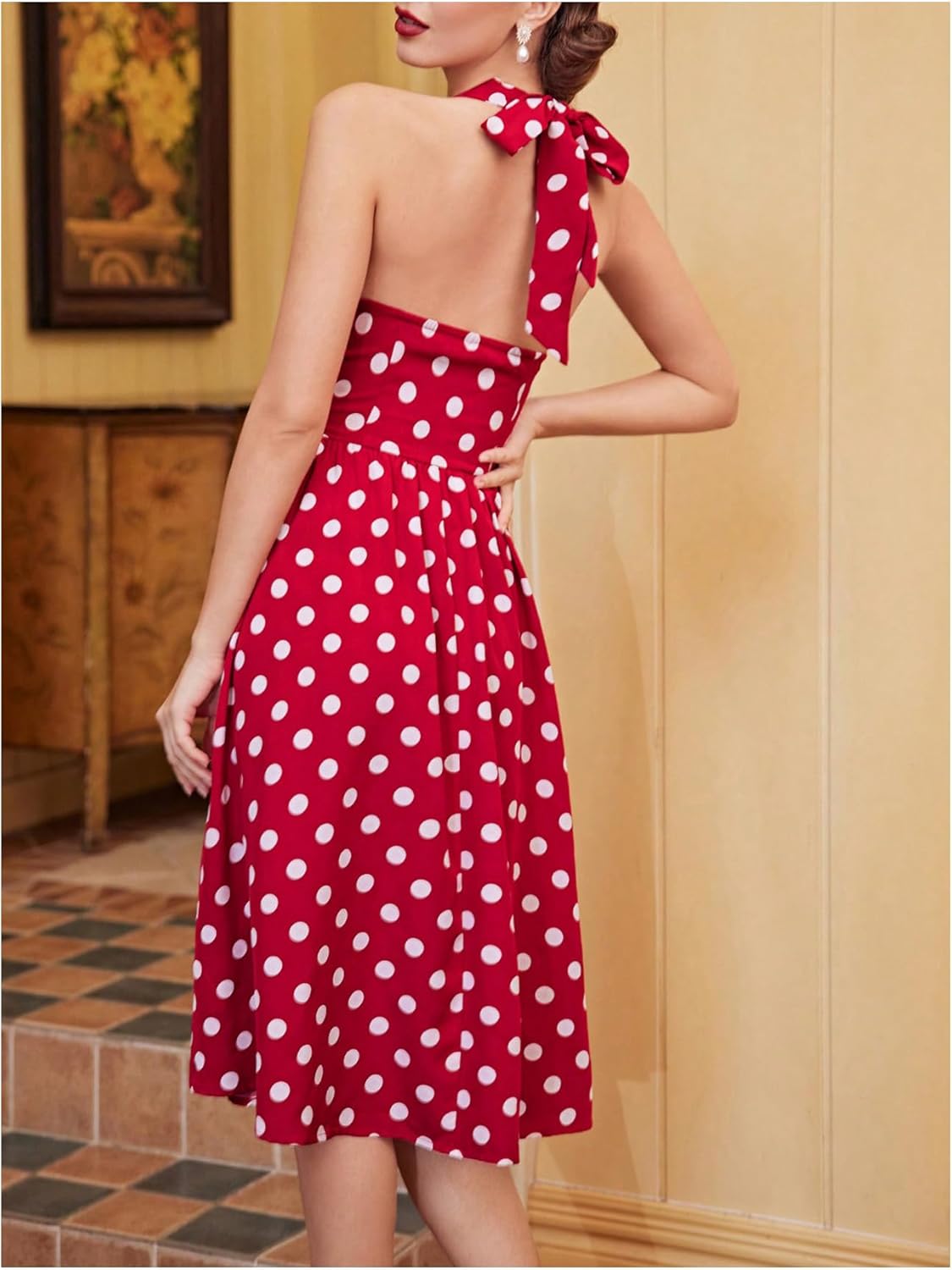 MakeMeChic Women's Polka Dots Dress HalterTie Open Back Ruched A Line Midi Dresses - Image 2