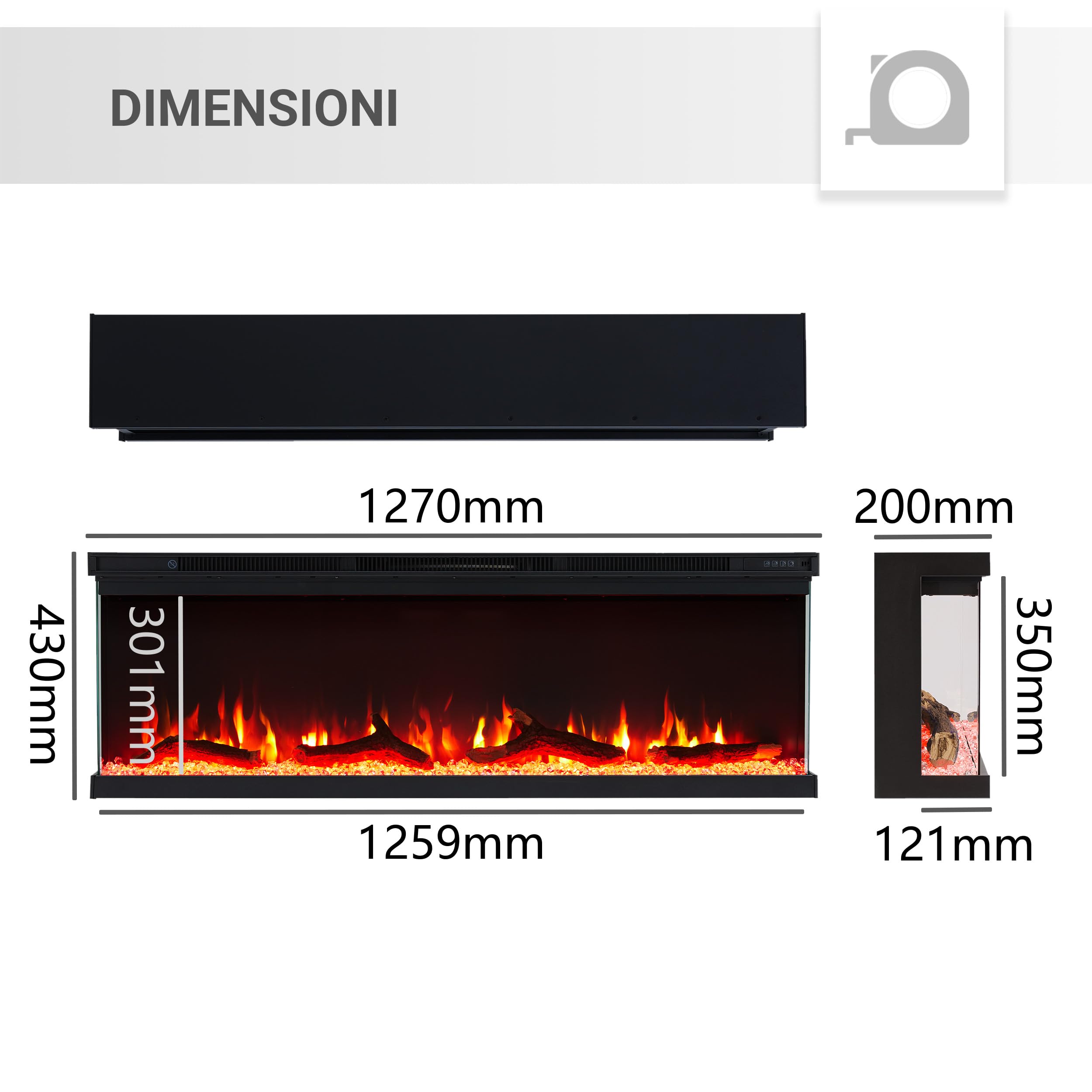 Camino elettrico BALDERIA Orson 50" | Camino elettrico da parete/incasso, effetto fiamma 3D LED, intensità variabile, riscaldamento 1800 W, timer, termostato, telecomando | nero