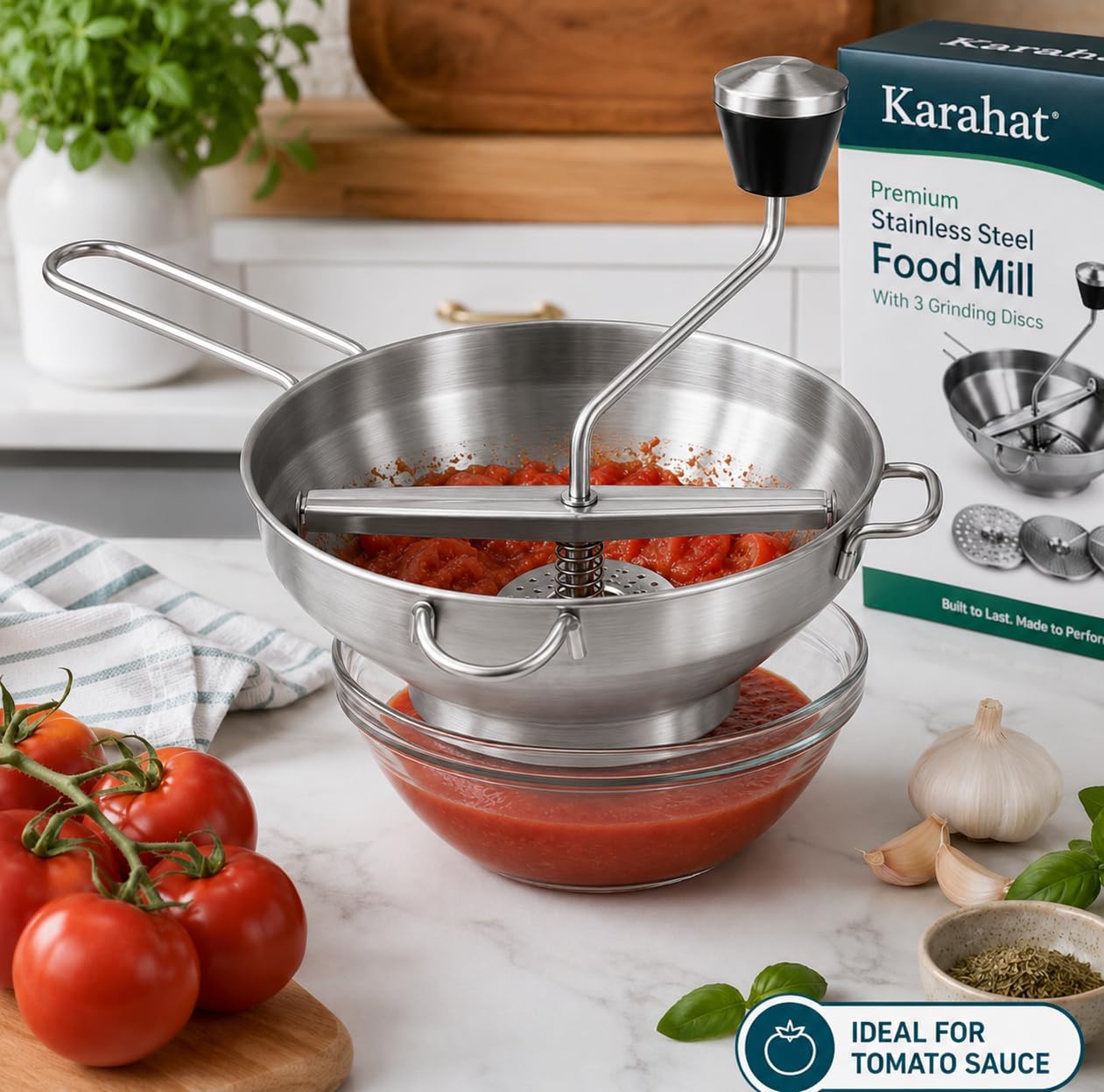 Premium Stainless Steel Food Mill with 3 Grinding Discs, Rotary Hand Crank Tomato Strainer & Puree Maker for Applesauce, Baby Food, Mashed Potatoes, Sauces, Soups and Canning