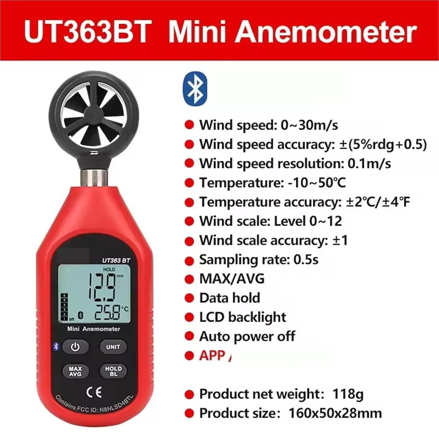 UT363 UT363BT Handheld Mini Digital Anemometer Wind Speed Measurement Temperature Tester Air Flow Speed Wind Level(UT363BT)