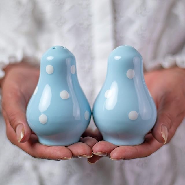 City to Cottage® Light Sky Blue and White | Polka Dot Spotty | Handmade Hand Painted | Ceramic Salt and Pepper Pots | Shaker | Cruet Set | Holder