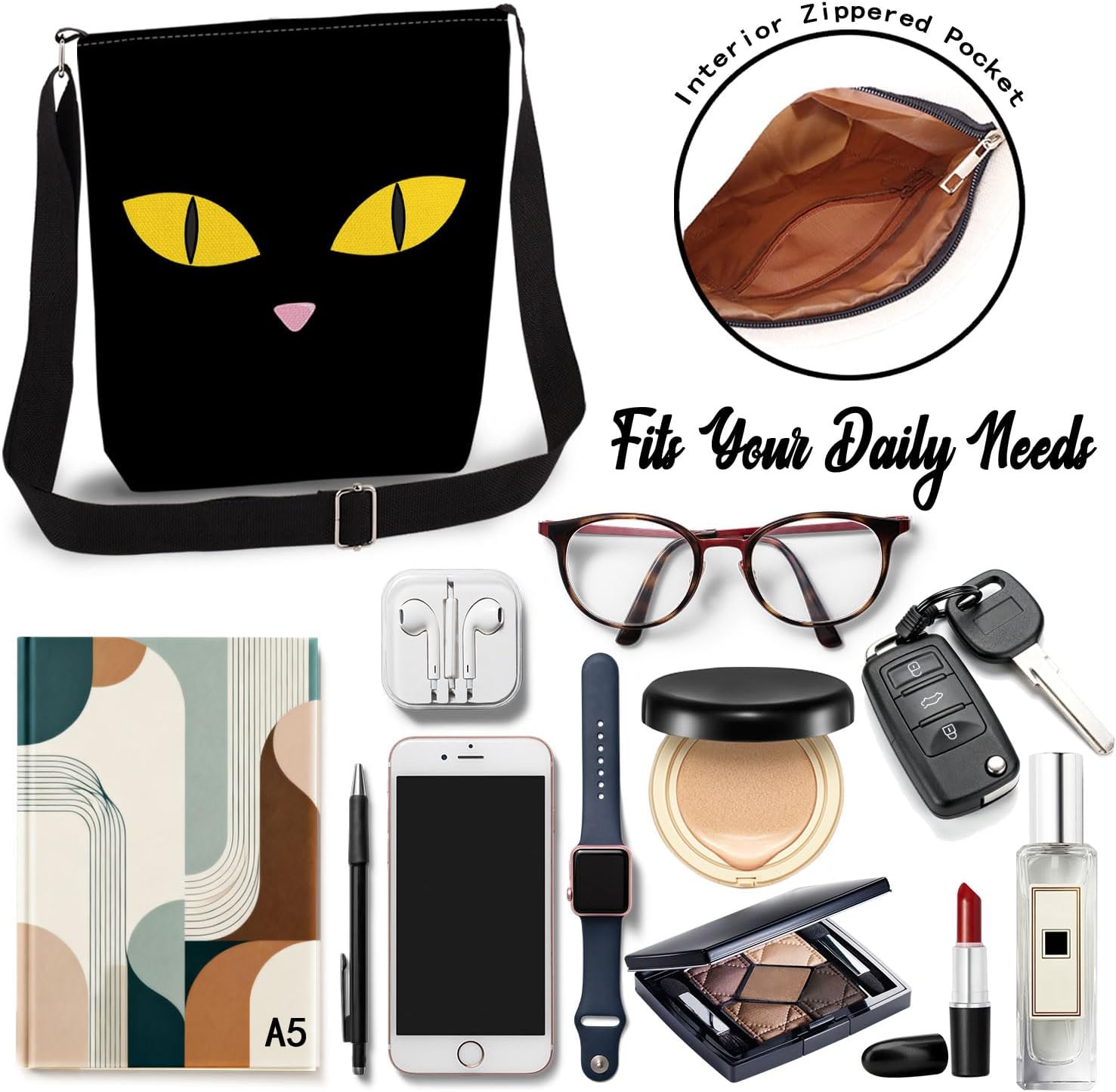 Black Cat Face Print Canvas Crossbody Bag, Adjustable Strap Lightweight Purse with Top Zipper & Inner Pocket, Daily Shoulder Bag Halloween Present for Women - Image 6