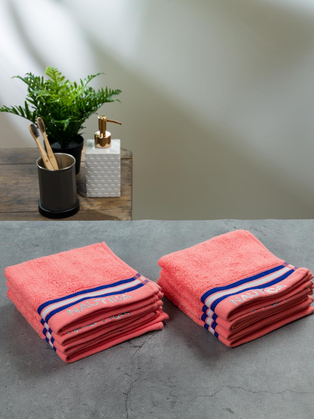 NAUTICA Super Soft Zero Twist 100% Cotton Towel -8pc Face Towel (Vintage Crew Stripe) | 500 GSM | shedds-Coral 1
