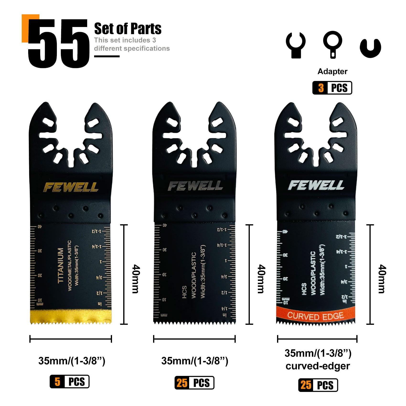 FEWELL 55 hojas de sierra oscilantes, cuchillas multiherramienta universales de titanio para materiales duros, metal, madera, plástico, clavos, hojas de sierra oscilantes de borde curvado, se adapta a