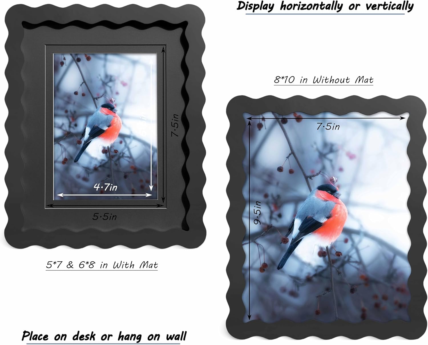 8x10 Black Picture Frame with Mat for 5x7/6x8, Curved Wavy Edge Deco Wooden Real Glass, Vertical or Horizontal Display Photo Gallery Wall & Tabletop Frame