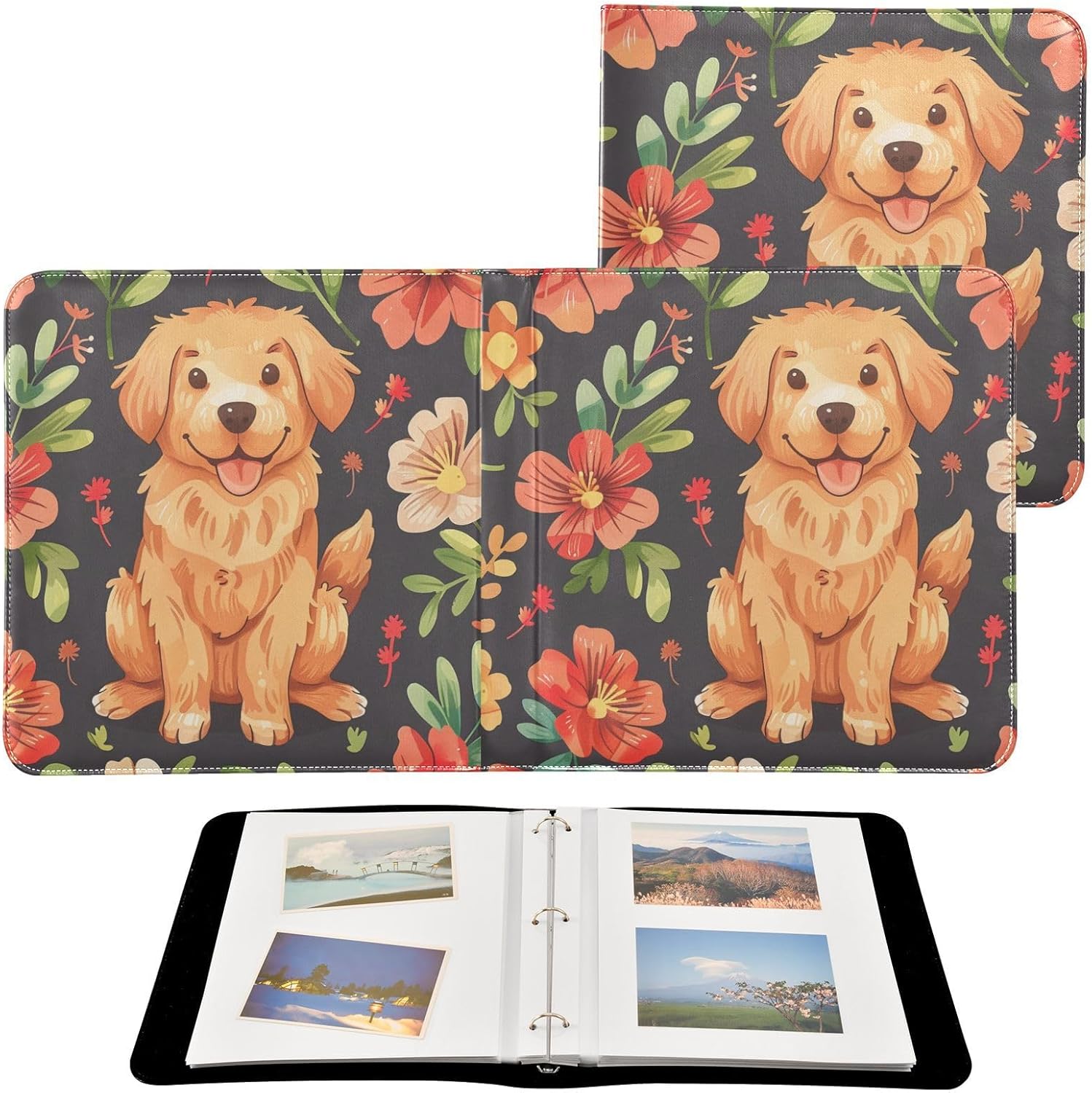 JIPONI Cute Dog with Flowers Large Photo Album, DIY Leather Cover Scrapbook Albums for 4x6 5x7 6x8 Pictures, Self Adhesive Memory Book for Wedding, Baby, Family