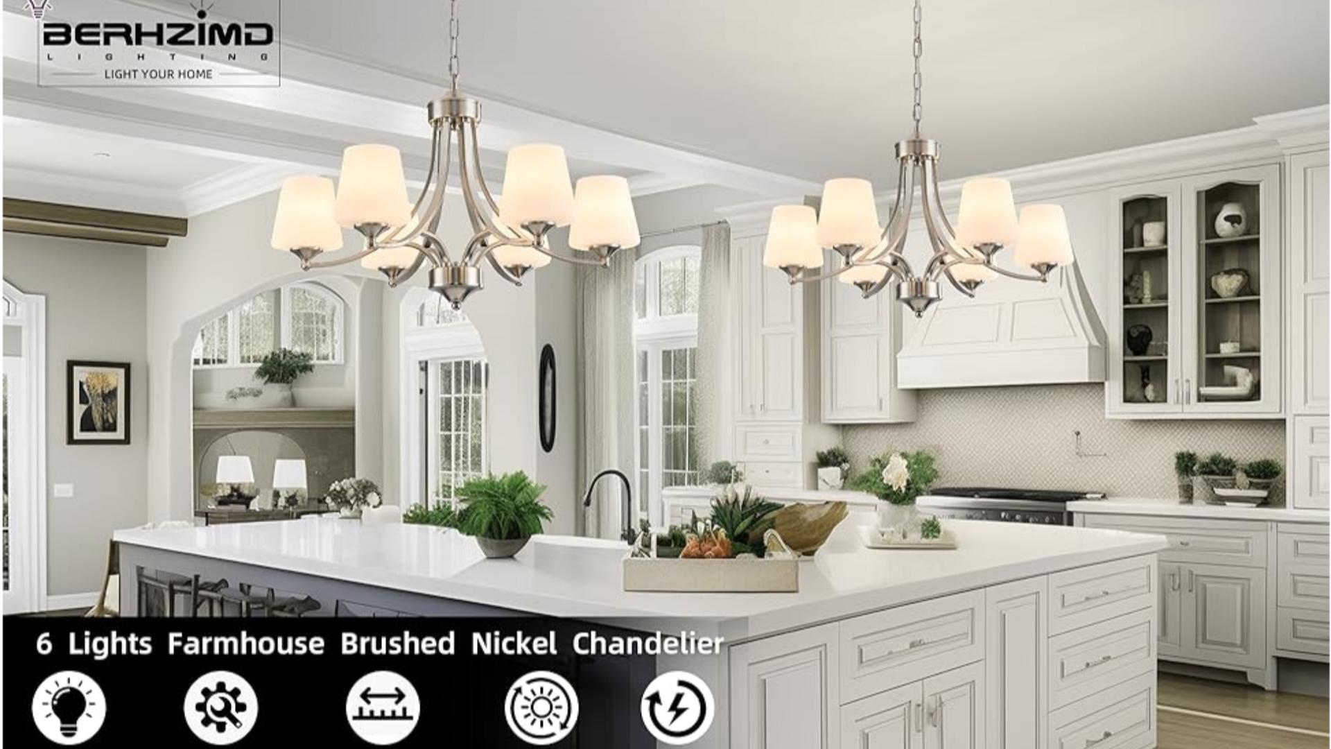 Image of 6-Light Modern Gold Chandeliers for Dining Room 47.2'' Adjustable Height Farmhouse Pendant Light with Frosted Glass Shades,Gold Round Chandeliers Hanging Lamp for Kitchen Island Dining Table Entryway