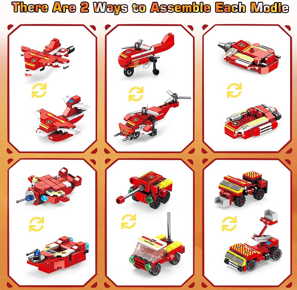 Diagram showing two different assembly configurations for several small fire rescue vehicles.