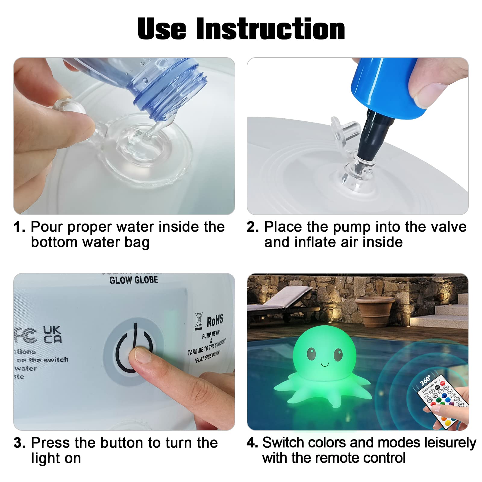 Qoolife Solar Pool Lichter, aufblasbare Lichter Fernbedienung, Octopus schwimmende Pool Lichter 16 WRGB 4 Modi, IP68 Wasserdicht 2 Pack