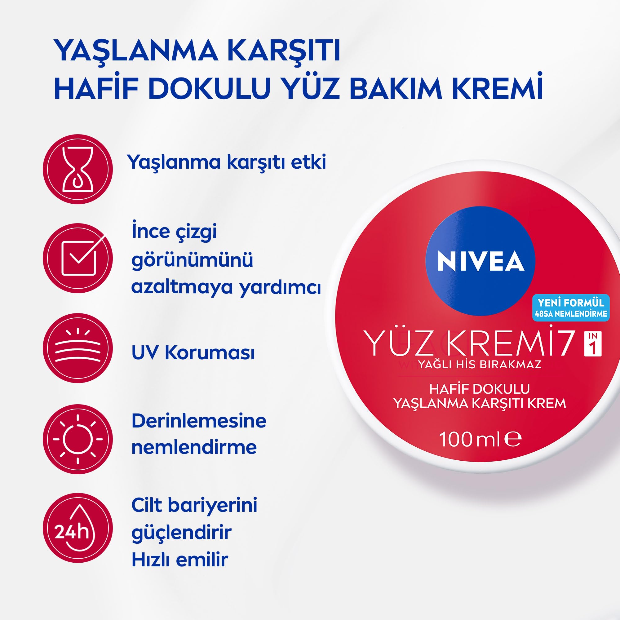 NIVEA Yaşlanma Karşıtı Yüz Kremi 100 ml, 24 Saat Nemlendirici Yüz Kremi, UV Koruması