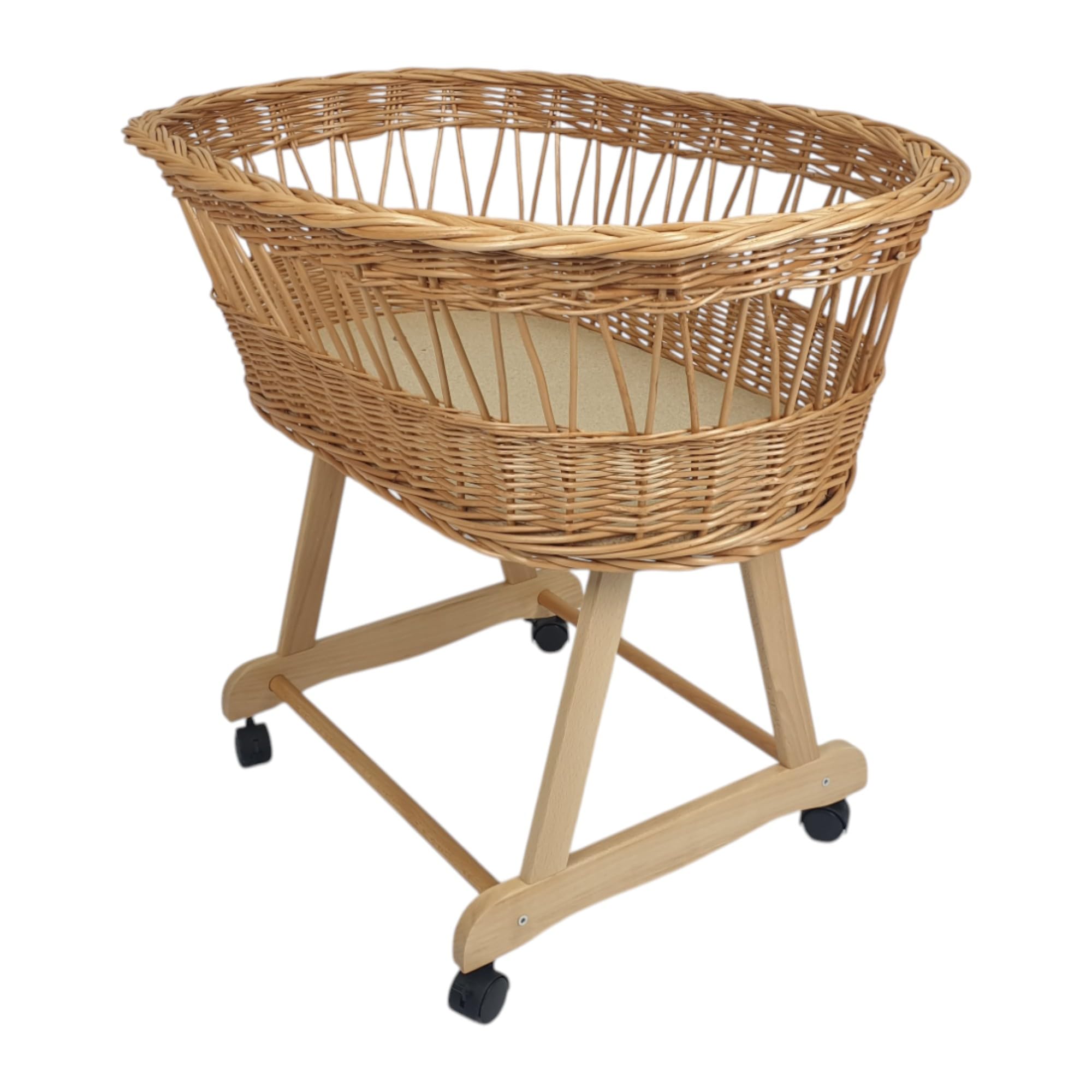 Stubenwagen aus Weide, Braun, Retro-Bettchen, Bollerwagen mit Untergestell aus robuster Buche