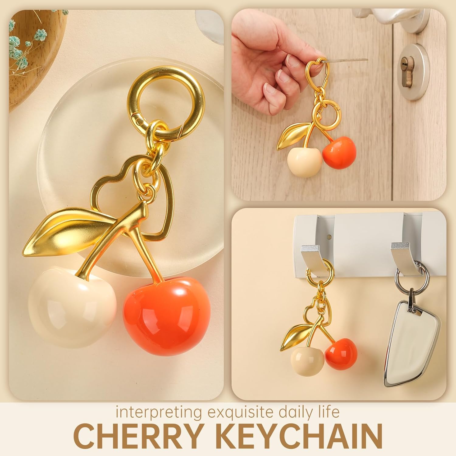Cherry bag charm for purses and handbags, cute cherry keychain accessory, as a gift for women. - Image 3