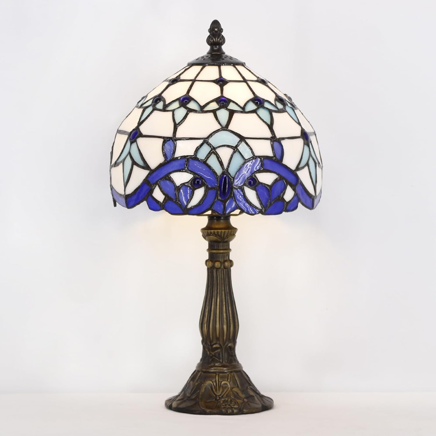 Small Tiffany Lamp Stained Glass Desk Lamp Vintage Tiffany Bedside Table Lamp for Home Living Room Bedroom Nightstand 8X15 Inch (White Baroque Style)