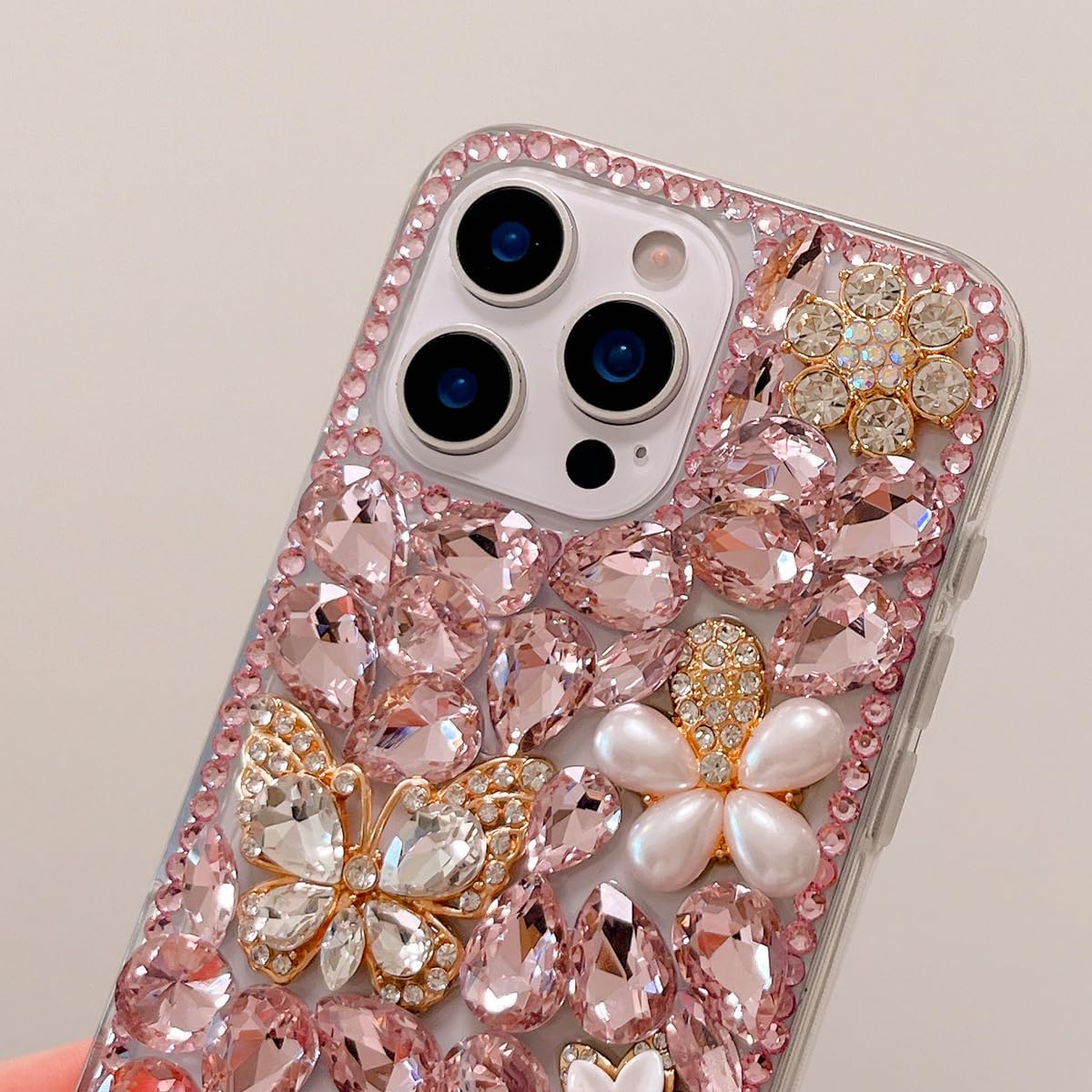 for iPhone 16 Pro Max Case with Wrist Strap Women Luxury 3D Bling Shiny Rhinestone Diamond Crystal Pearl Handmade Flowers Soft Protective Glitter Case for iPhone 16 Pro Max (Pink) image 5
