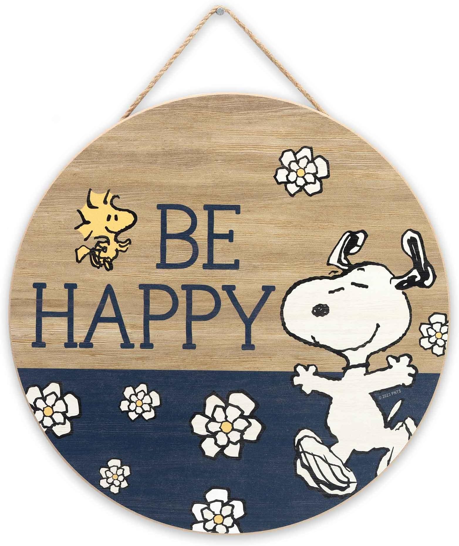 Peanuts Snoopy Be Happy Round Hanging Wood Wall Decor - Fun Snoopy Sign for Home Decorating - Great Gift Idea