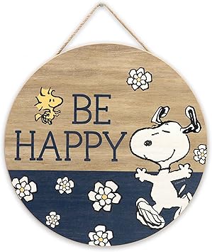 Peanuts Snoopy Be Happy Round Hanging Wood Wall Decor - Fun Snoopy Sign for Home Decorating - Great Gift Idea