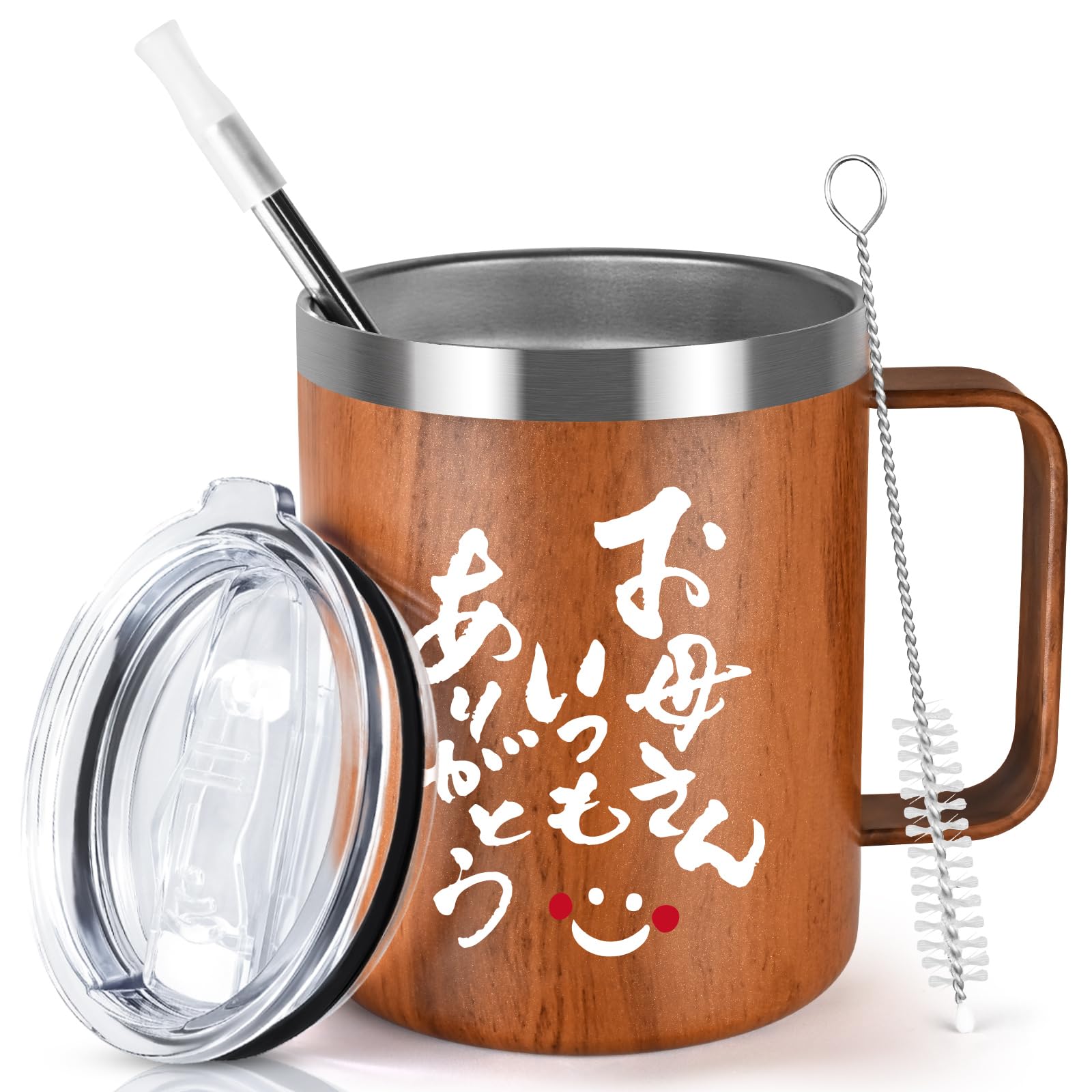 Livole 母の日 プレゼント 母親 お母さん マグカップ 保冷保温 敬老の日 誕生日プレゼント 記念日 ギフト 贈り物 蓋付き 真空断熱 ステンレス コップ コーヒーカップ 真空 マグ 保冷カップ 割れない ストロー付き コーヒー お茶 ビール お酒 350ml 木目「お母さん いつもありがとう」