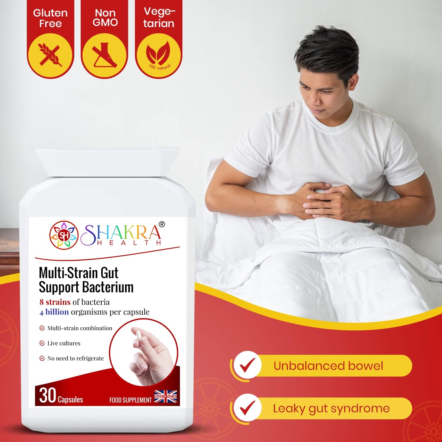 Multi-Strain Gut Support Bacterium (30 Capsules) Soothes & Supports Gut, Bowel & Digestive Health; Colon Issues & I. B. S Relief. Powerful Multi-Strain Pro-Biotic | Shakra Health