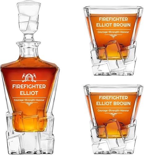 Maverton Decantador de whisky personalizado y 2 vasos para hombre - Elegante juego de whisky para él - Modelo de cubitos de hielo - Artículos de bar