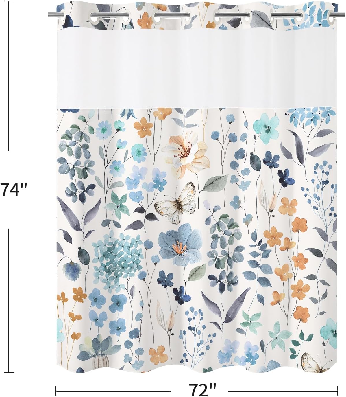 Litabel No Hook Blue Watercolor Floral Shower Curtain and Liner Set, Blue Flower Shower Curtains with Snap in Liner for Farmhouse Bathroom Decor, Modern Botanical Bathroom Curtain with Leaves, 72x74