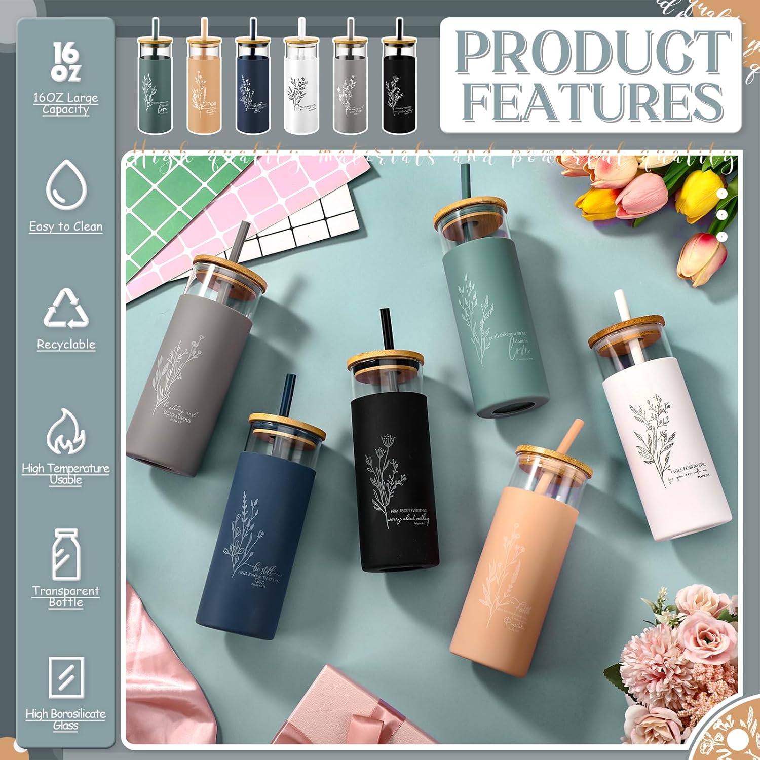 6 Pcs Inspirational Gifts 16 oz Glass Cups Bulk Aesthetic Can Shaped Coffee Cups with Bamboo Lid Straw Employee Appreciation Gifts for Women Teacher Nurse Office Favor (Christian)