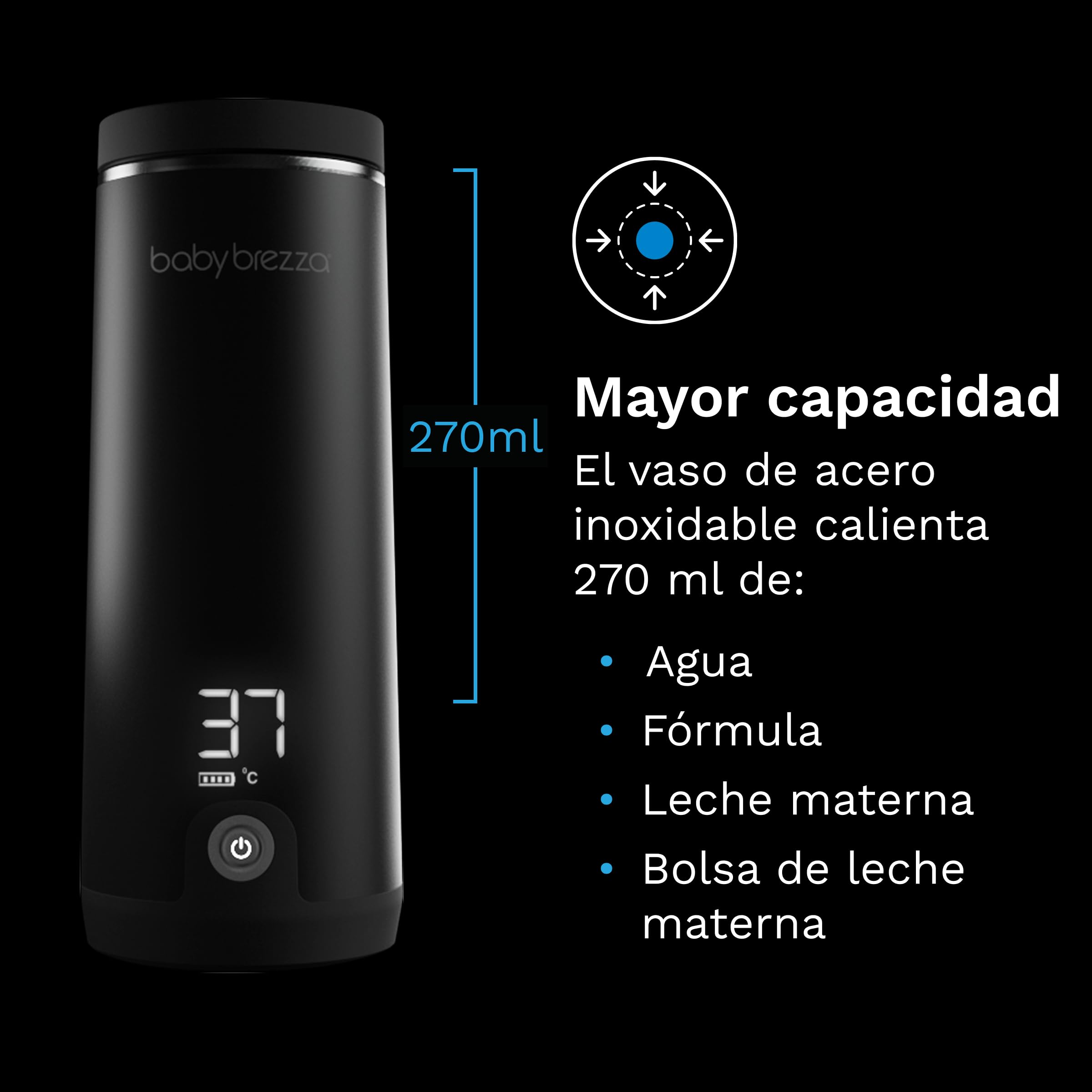 Baby Brezza Calienta Biberones Portátil Súperrápido - 67% Más Rápido - Calentador de Biberones Ideal para Viajes - Fórmula y Leche Materna - hasta 270 ml - Recargable, Negro