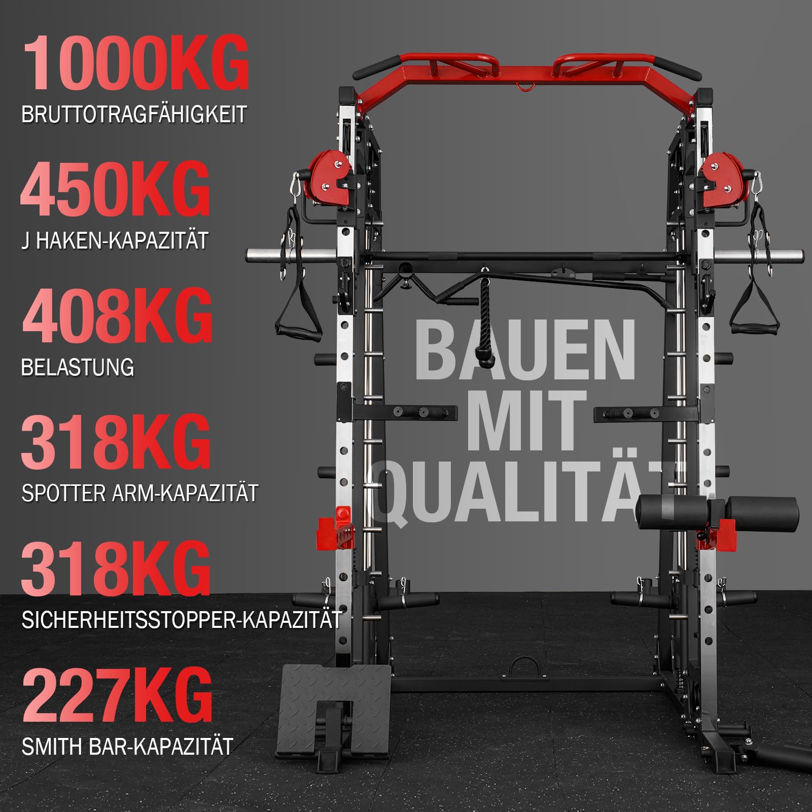 Smith Machine, Multipresse Power Rack mit Cabel Crossover Maschine, Power Cage mit 1000kg maximaler Belastung