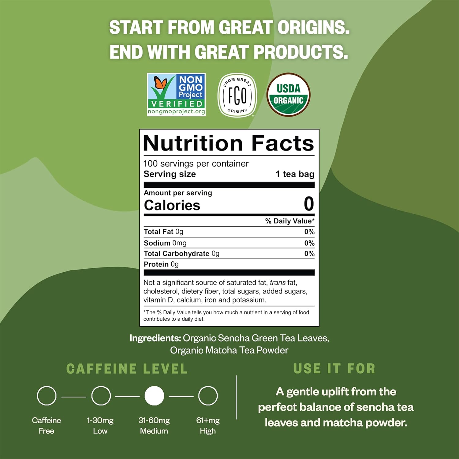 FGO Organic Japanese Matcha + Green Tea, 100 Count, Eco-Conscious Tea Bags, Resealable Bag, Packaging May Vary (Pack of 1)