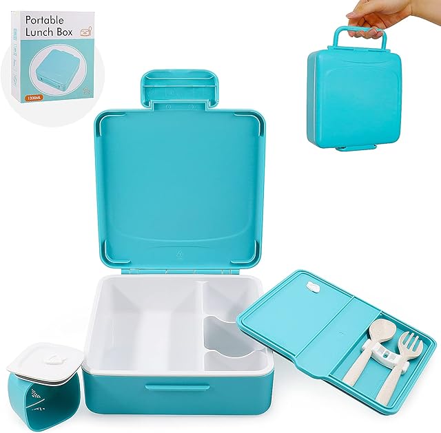 Victarvos Lunch Box with Cutlery & Sauce Pot, Leakproof Bento Box with Removable Compartments, Large Lunchbox for Kid and Adult, BPA Free, Microwave & Dishwasher Safe, Blue