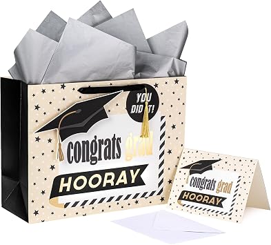 LeZakaa 16" Graduation Gift Bags with Tissue Paper, YOU DID IT Gift Tag and Card, Trencher Cap & Stars, Congrats Grad Design for Graduation Party, Ceremony, Special Occasions, Large Size