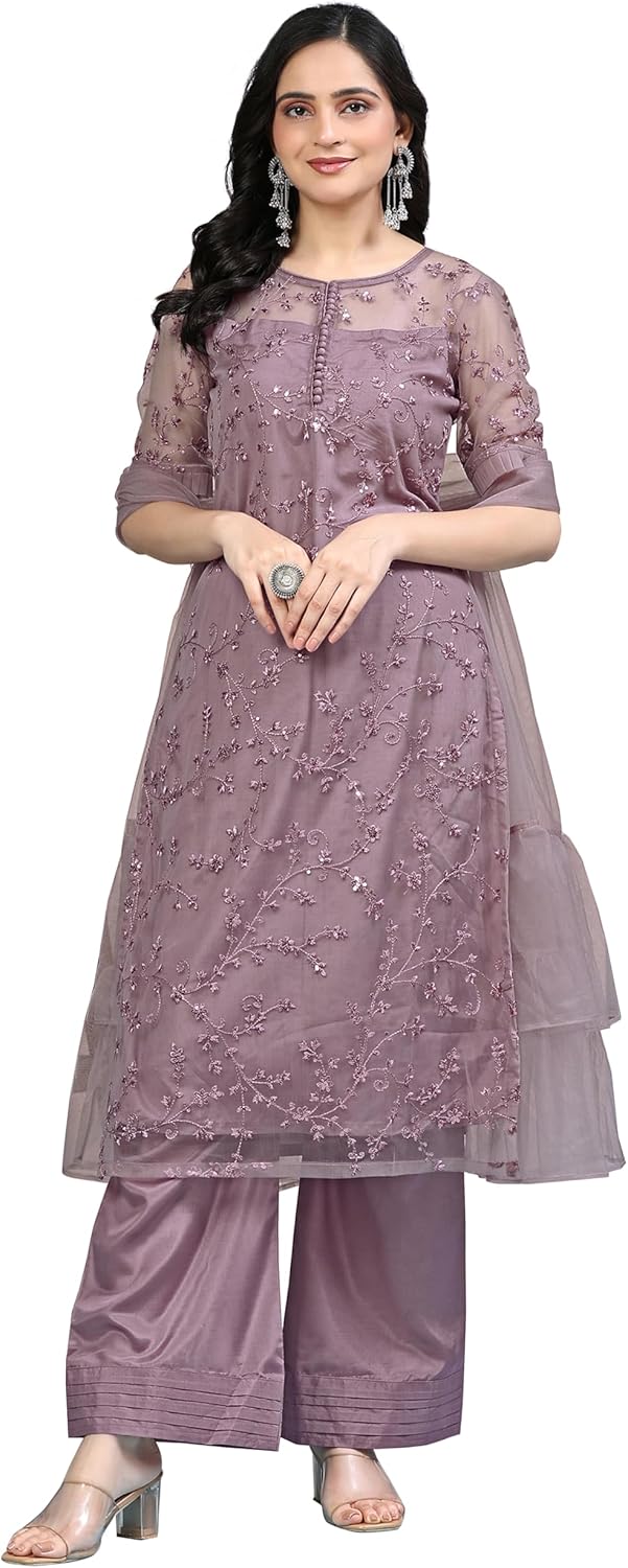 TRENDMALLS Women's Net Embroidery Sequins Work Kurta Palazzo Set with Dupatta Kurta Set for Women