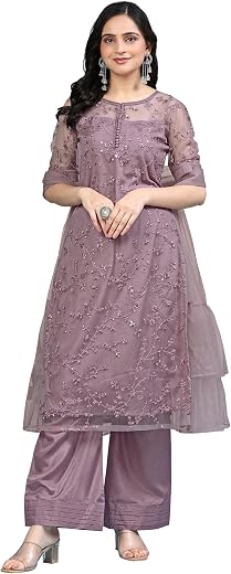 TRENDMALLS Women's Net Embroidery Sequence Work Kurta Palazzo Set with Dupatta Kurta Set for Women