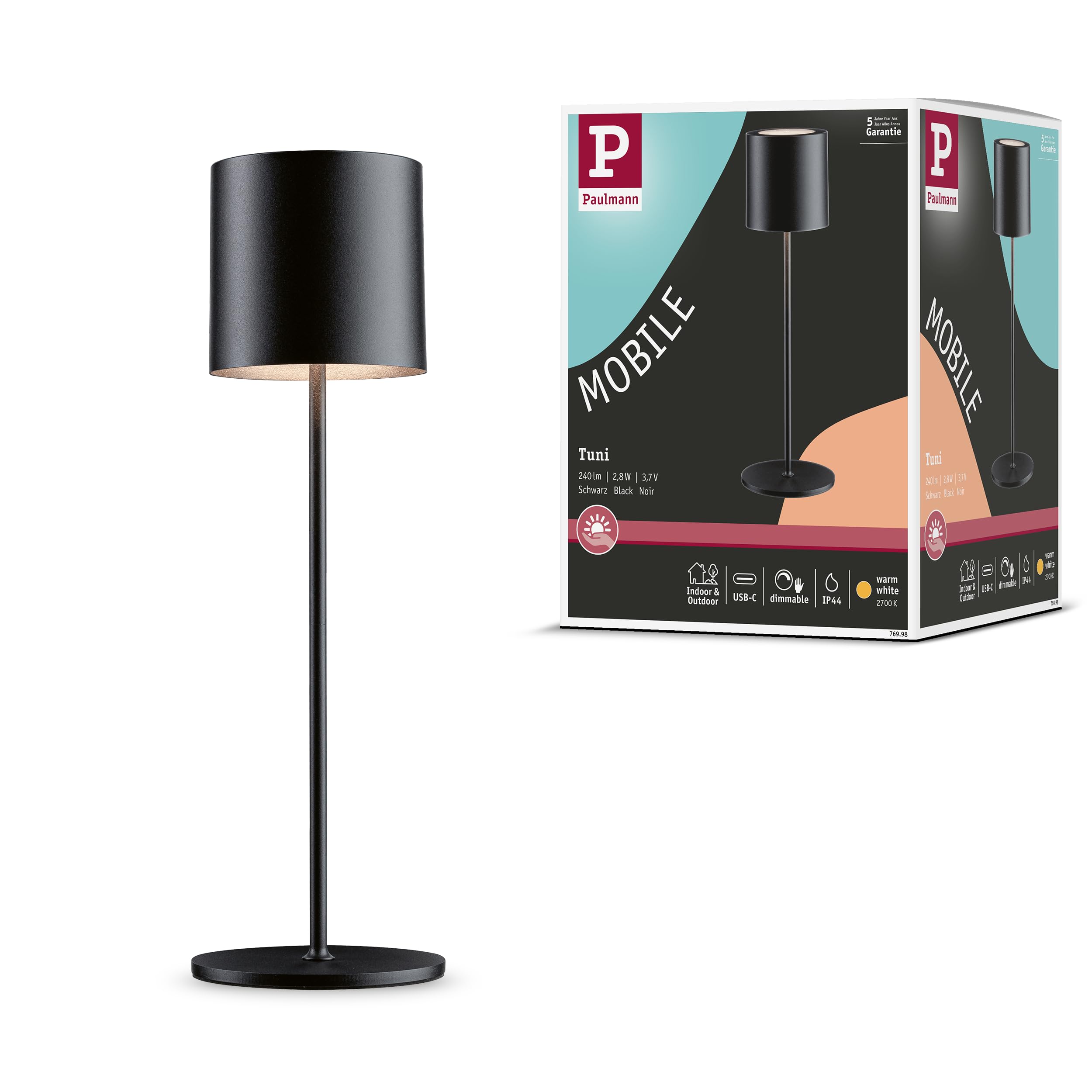 Paulmann 76998 LED Battery Table luminaire Tuni IP44 2700K Black matt Portable Table luminaire dimmable 2.8W USBC