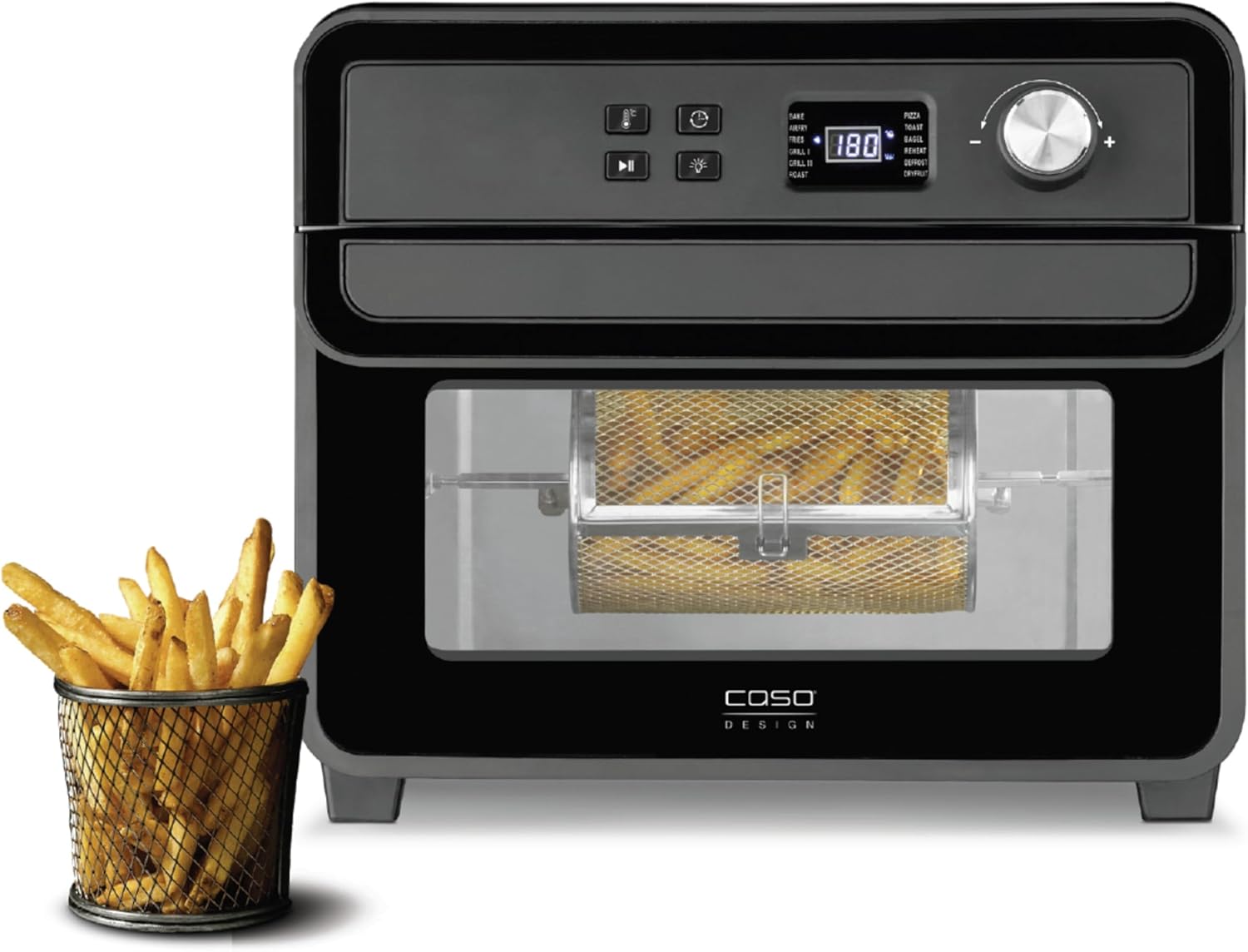 CASO Air fryer Chef 1700 – Freidora de Aire de 22 L con varios accesorios como asador giratorio y cesta para freír – 12 modos automáticos sin precalentamiento, hasta 230 °C y 120 min, 1700 W – negra
