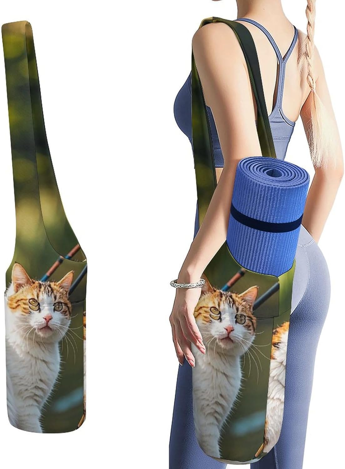 Fishing Cat Yoga Mat Bag, Durable Canvas Yoga Mat Storage Bag with Water Bottle Pocket And Bottom Wet Bag, Fits Most Size Yoga Mats
