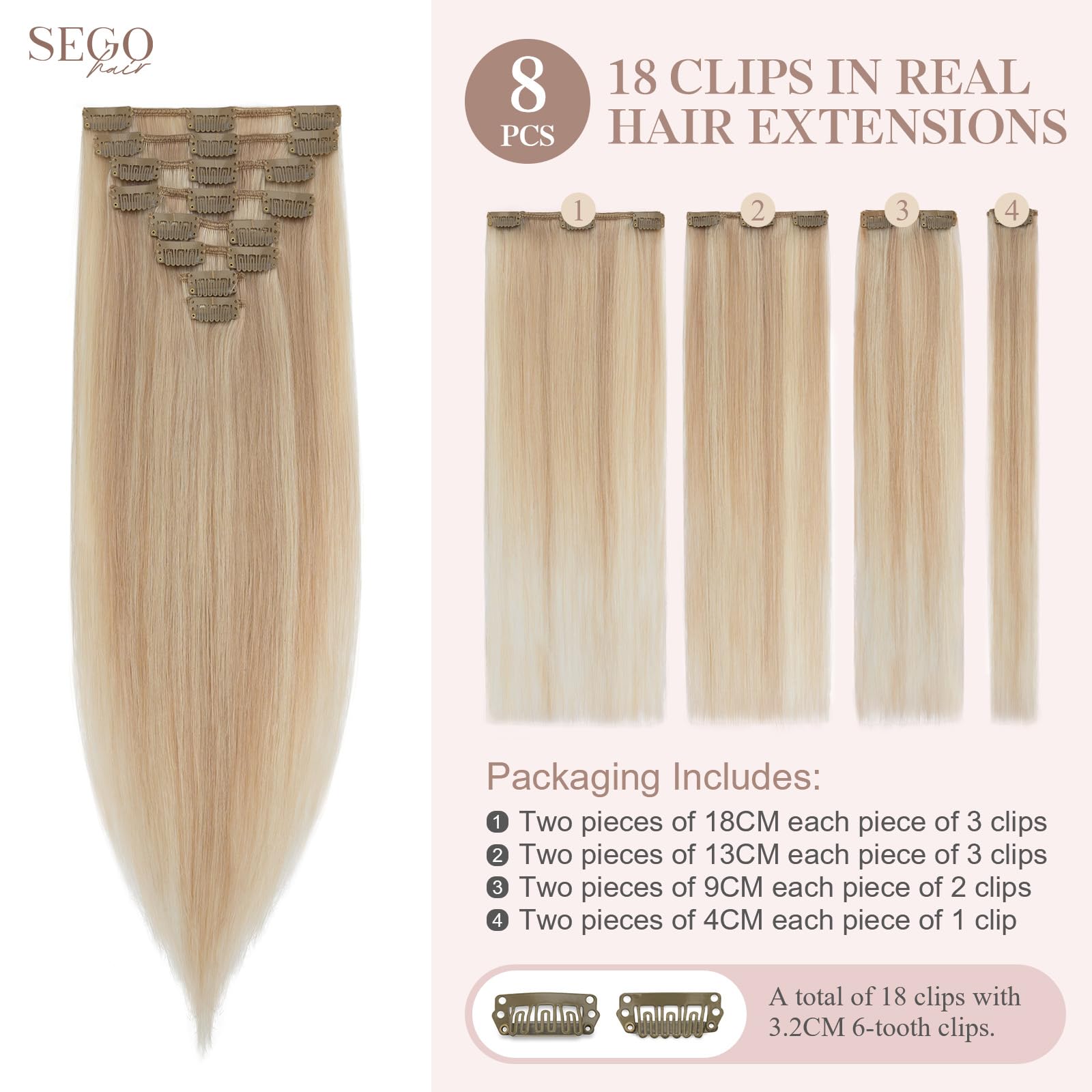 SEGOHAIR 8 PCS Hair Extensions Clip in Real Human Hair, 18 inch Thin Full Head Human Hair Extensions Straight - Image 2