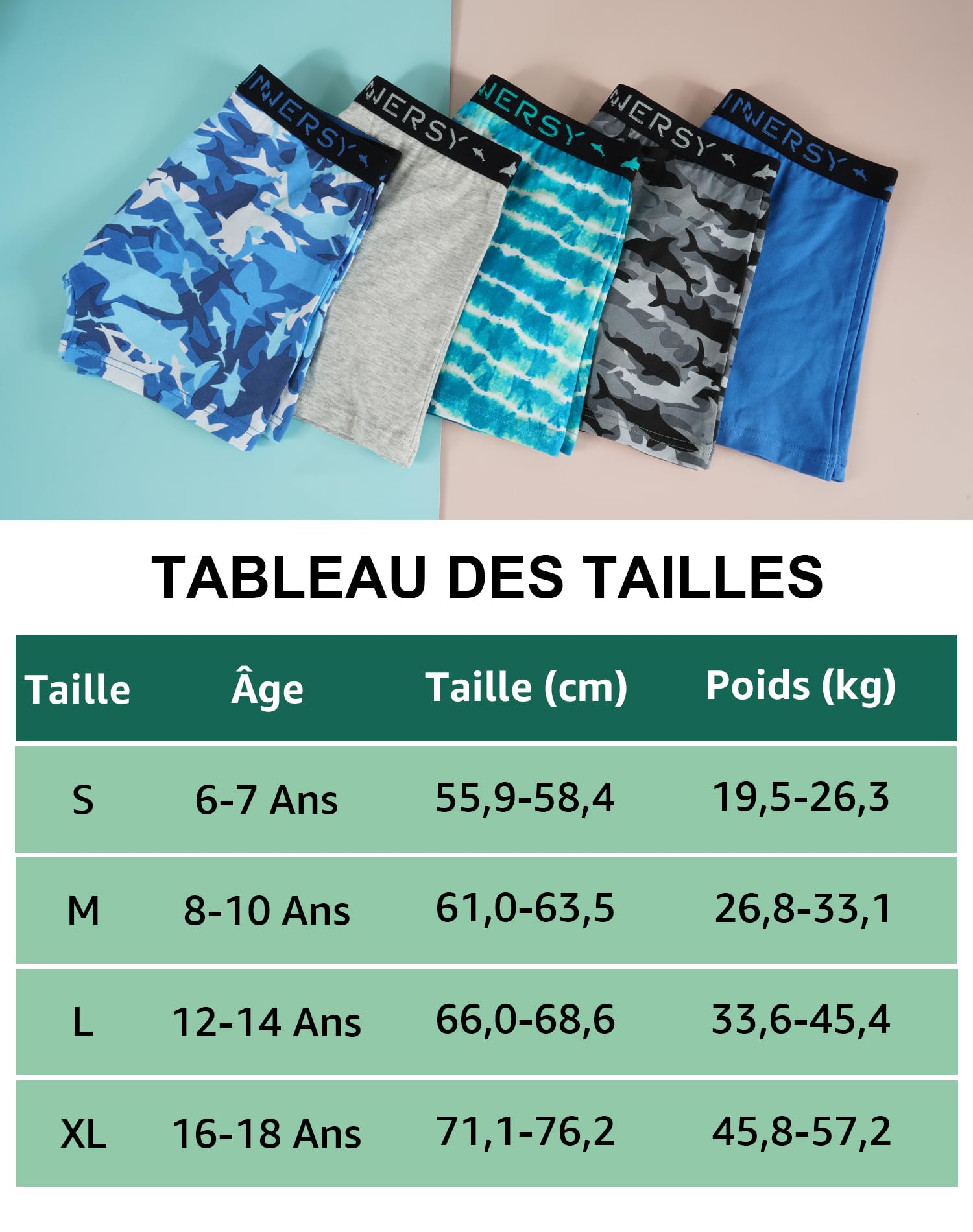 INNERSY Boxer pour Garçon en Coton Doux sous-vêtements Caleçons Grand Garcons 6 à 18 Ans Lot de 5