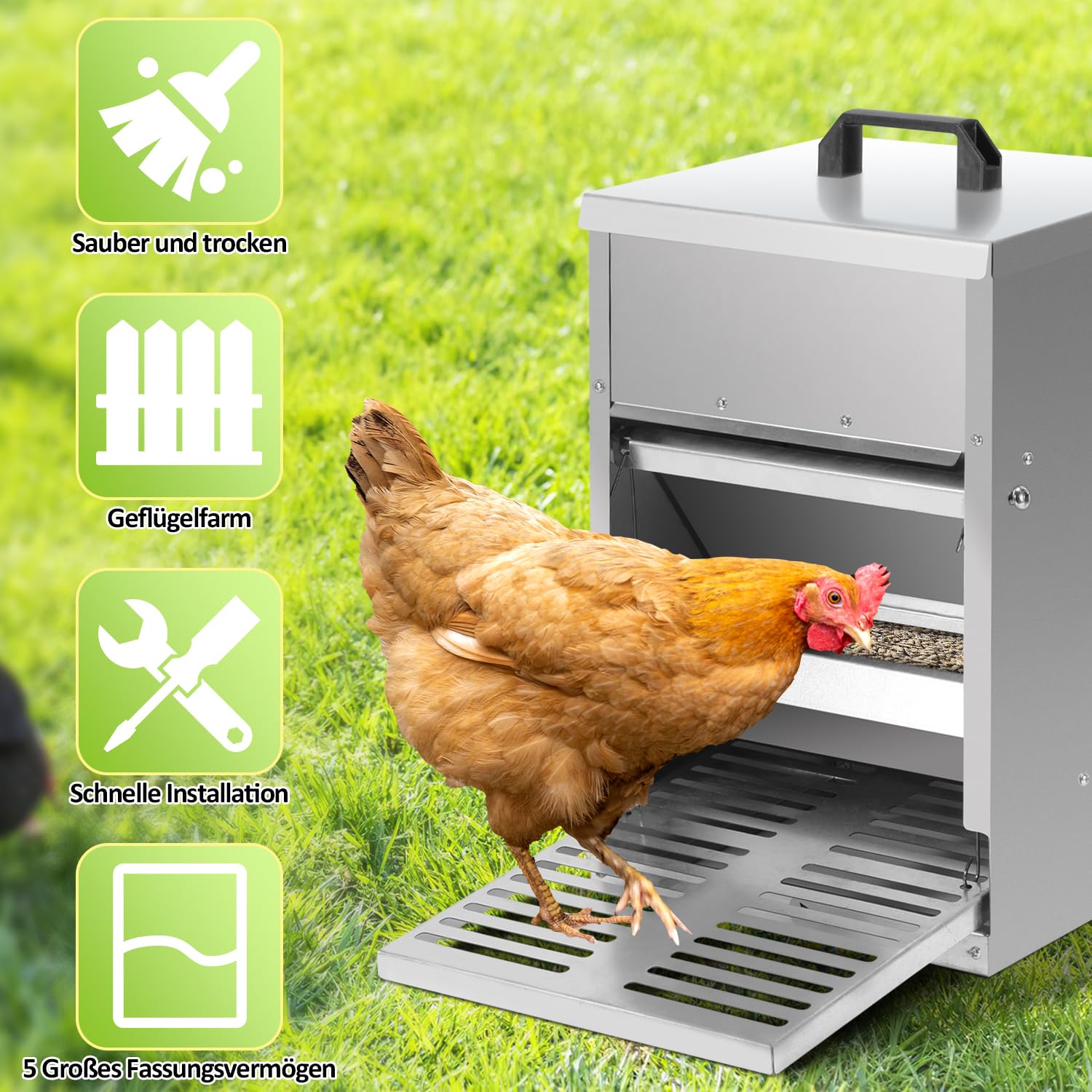 Comedero automático para gallinas, 5 kg, con pedal automático, alimento para pollos para aves de corral, accesorio ideal para pollos, resistente al agua y a prueba de ratas, galvanizado