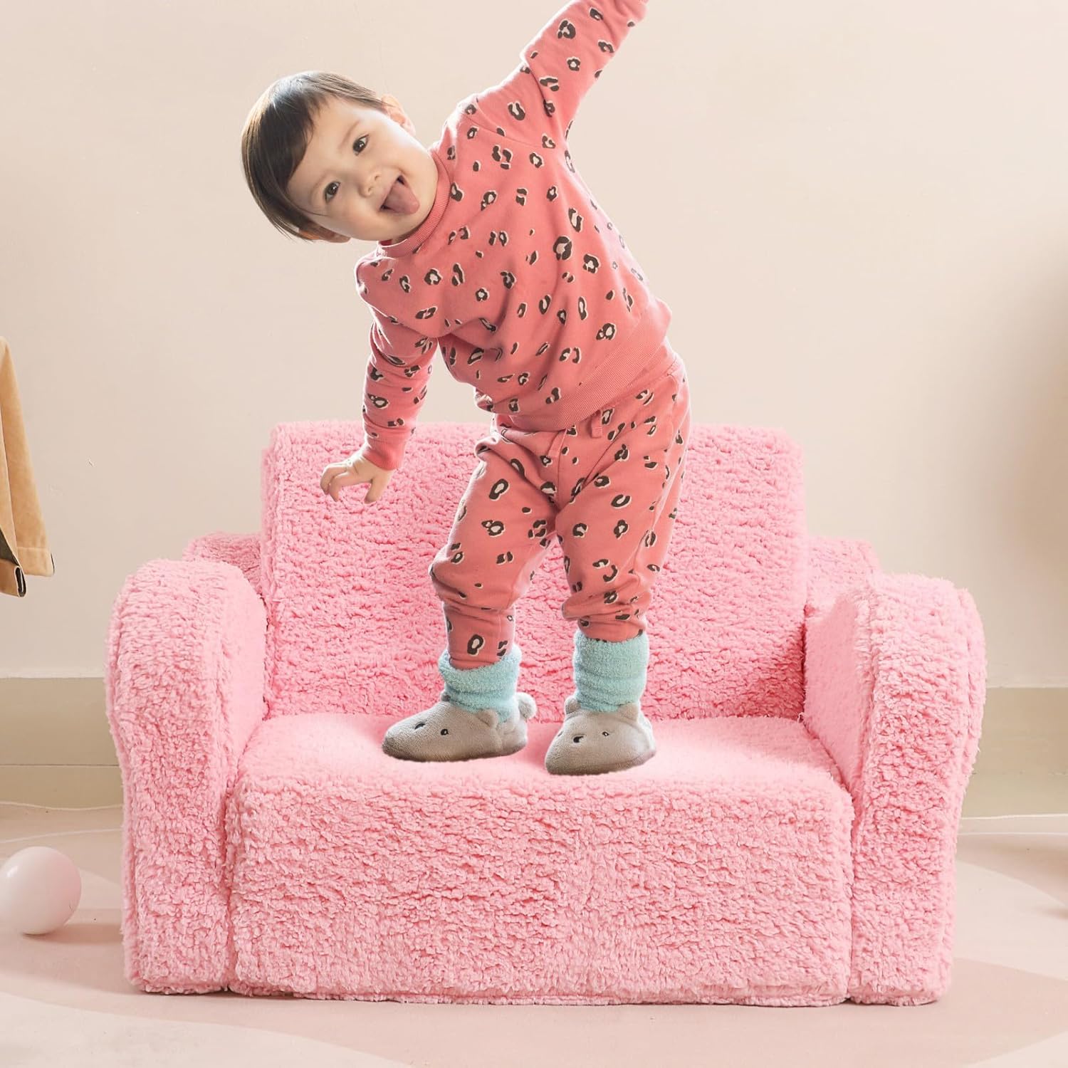 Kids Sofa, 2-in-1 Flip-Out Foam Couch with Soft Sherpa Cover, Cozy Play Lounge Chair, Pink - Image 4