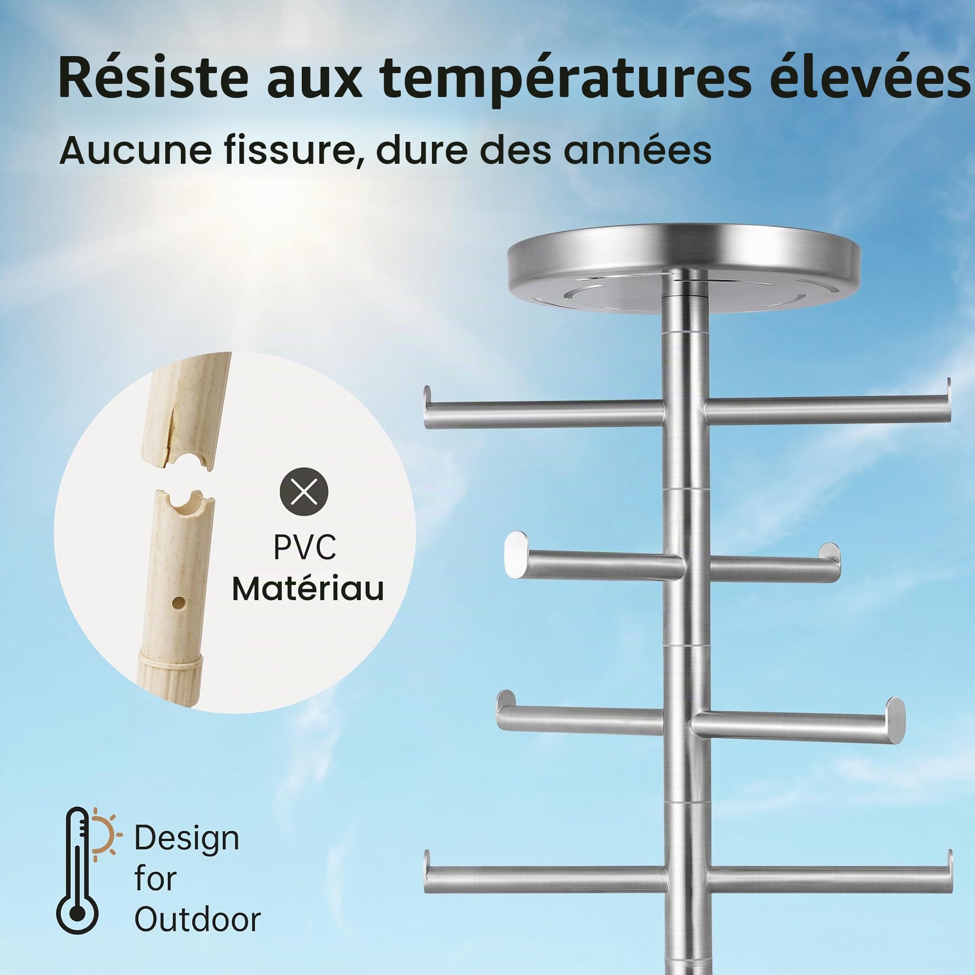 KES OTR204-2 Porte-serviettes de piscine à 8 bras en marbre naturel avec base de poids supplémentaire, réglable à 360 °, porte-serviettes d'extérieur pour piscine et jacuzzi avec plateau de rangement