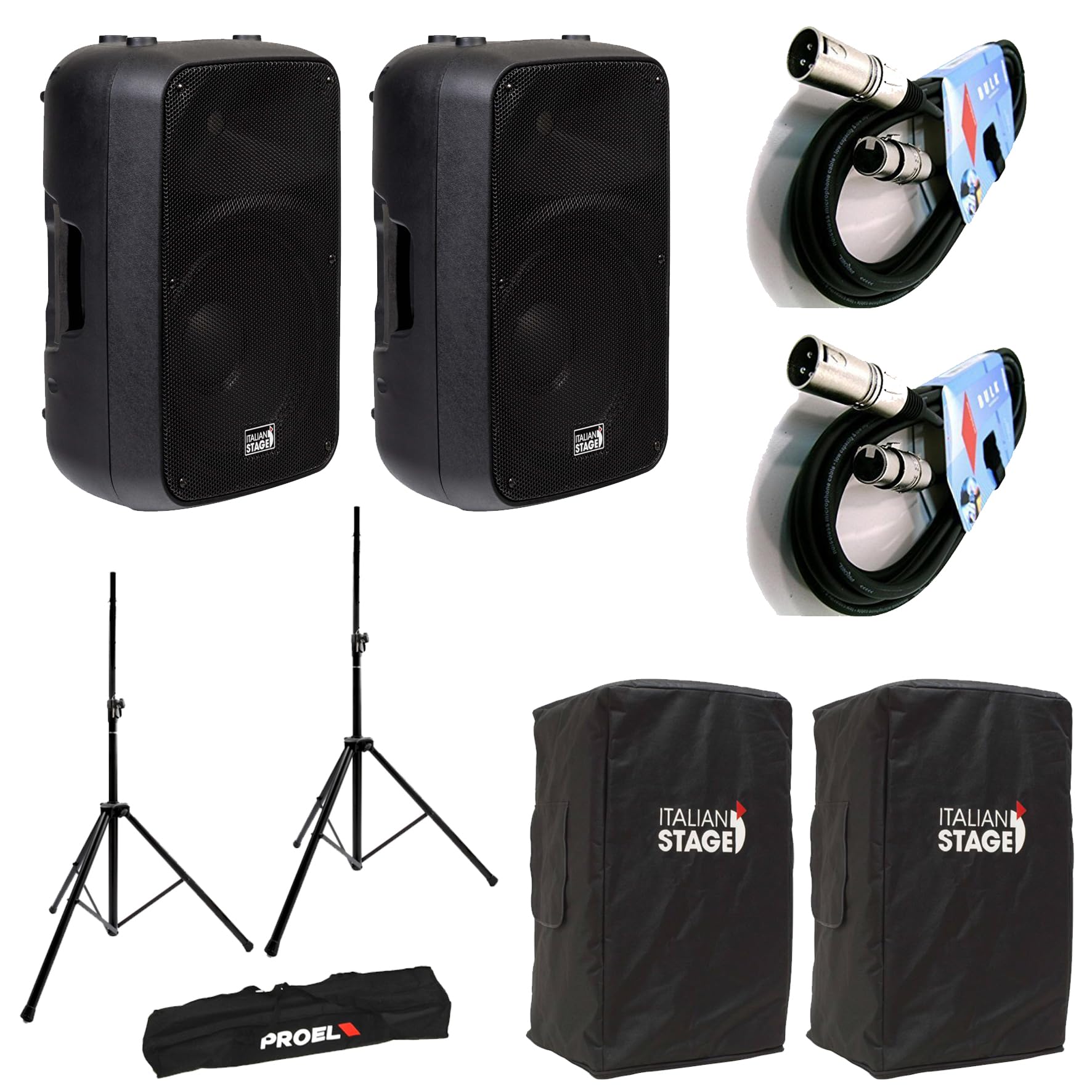 Italian Stage IS SPX15A 2 Diffusori audio attivi da 400w picco per diffusore + 2 Cover di protezione + 2 Stativi Fre300Kit + 2 Cavi audio BULK250LU10, Nero.
