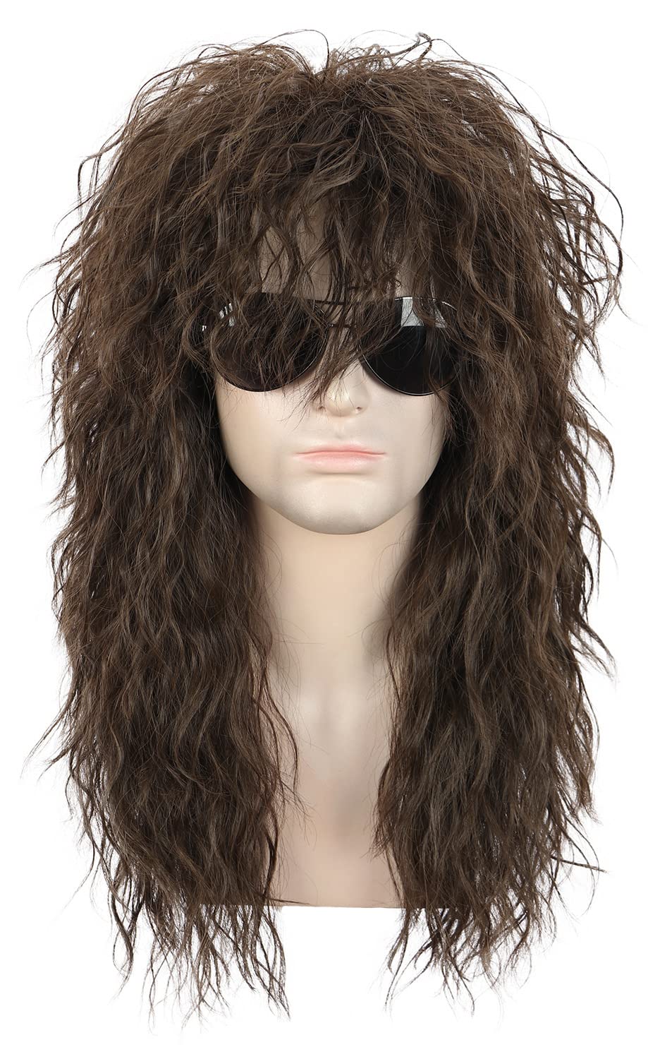 Karlery Men 70s 80s Rocker Metal Mullet Wig with Bandana Long Curly Brown Punk Wig Halloween Party Wig, 21-24 pollici/54-62 cm - Image 4