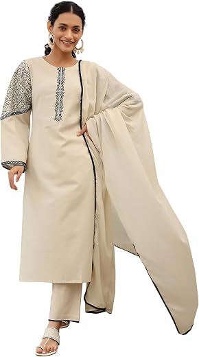 Libas Solid Cotton Blend Straight Kurta with Palazzos and Dupatta