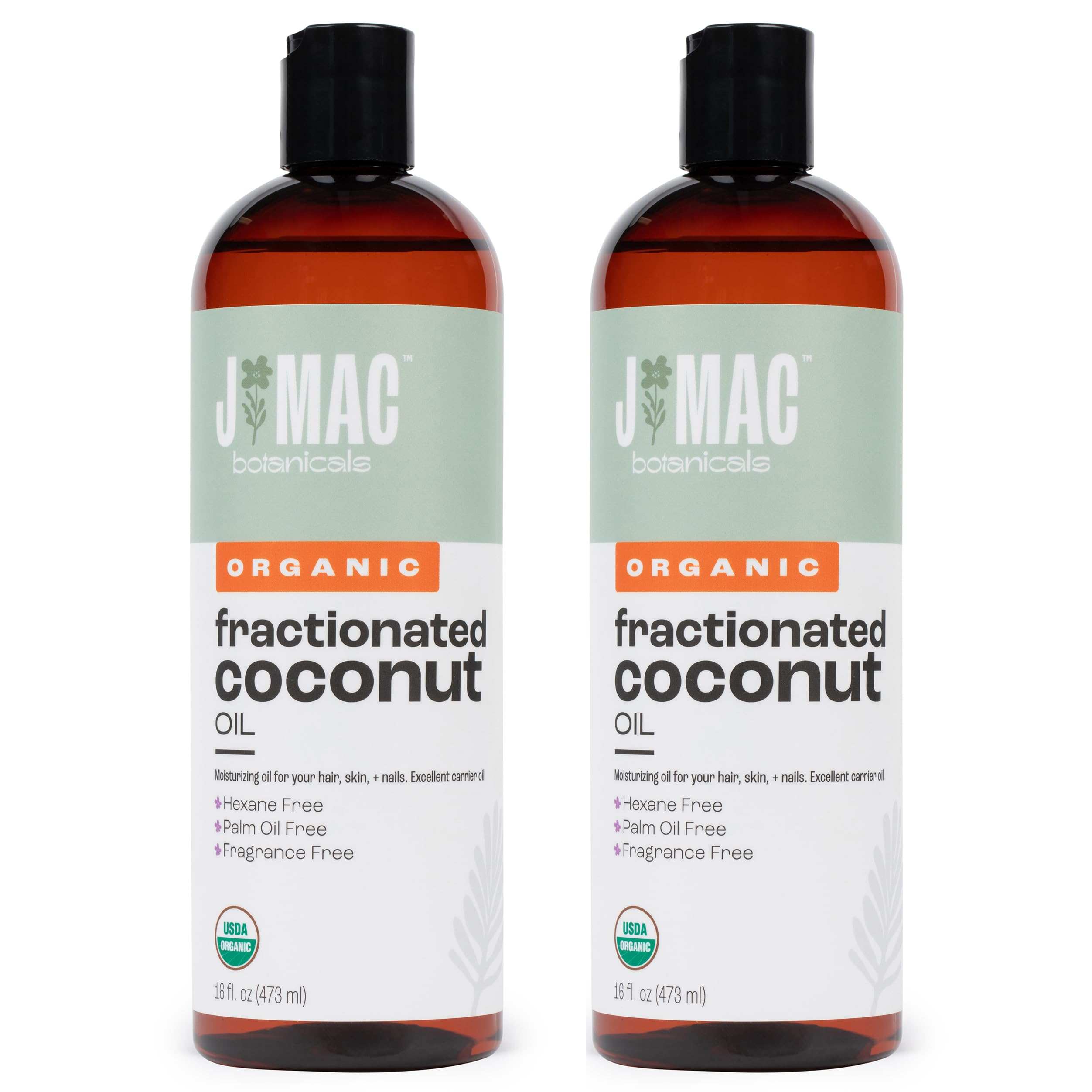 J Mac Botanicals, Organic Fractionated Coconut Oil (32 oz - 2 Pack 16 Ounce Bottles) Carrier Oil for diluting Essential Oils, Hair and Skin Conditioner, MassageUSDA Organic