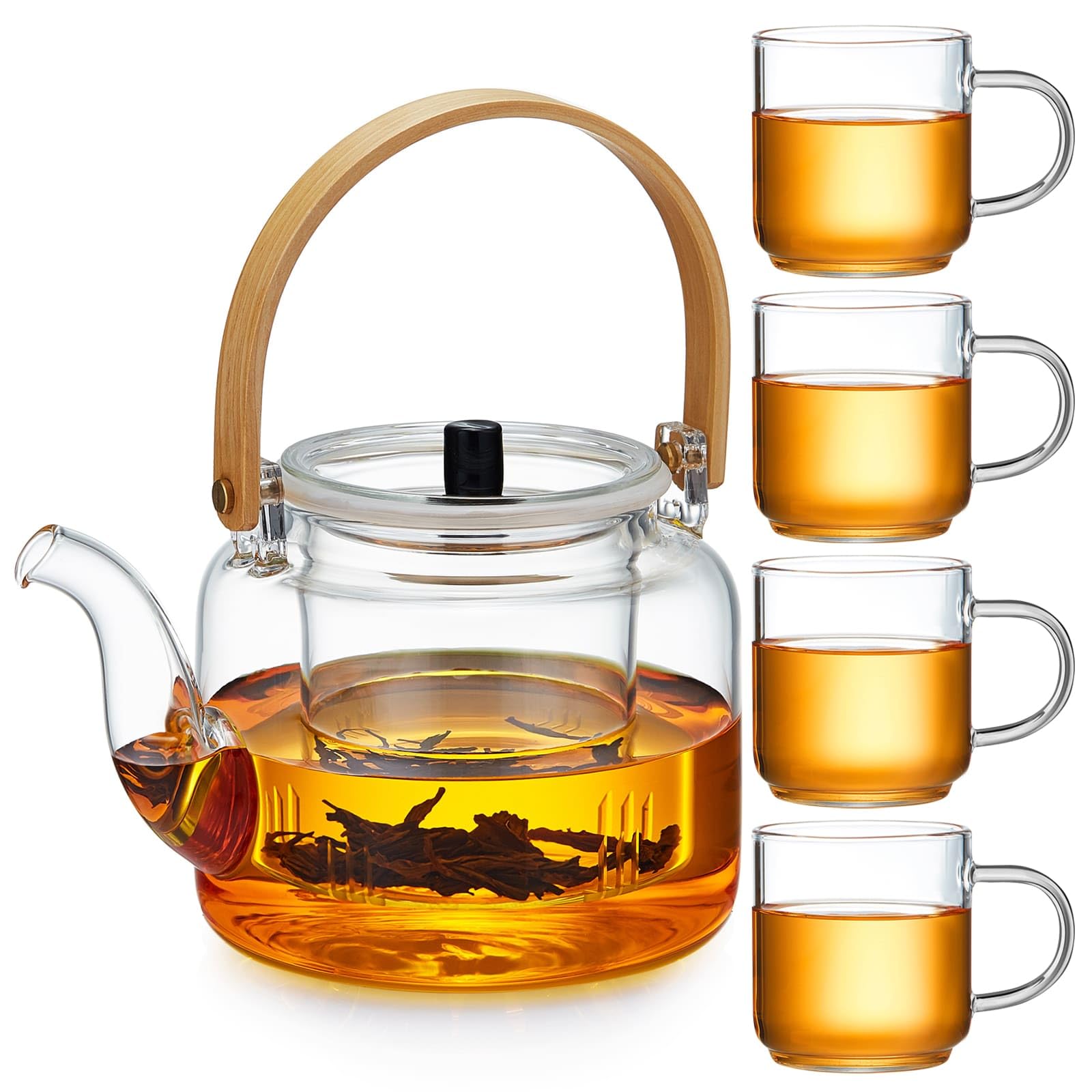 MESNEY Tetera de Cristal 1100ml con Infusor – Juego de Tetera con 4 Tazas – Vidrio de Borosilicato Resistente – Vertido Limpio y Antigoteo