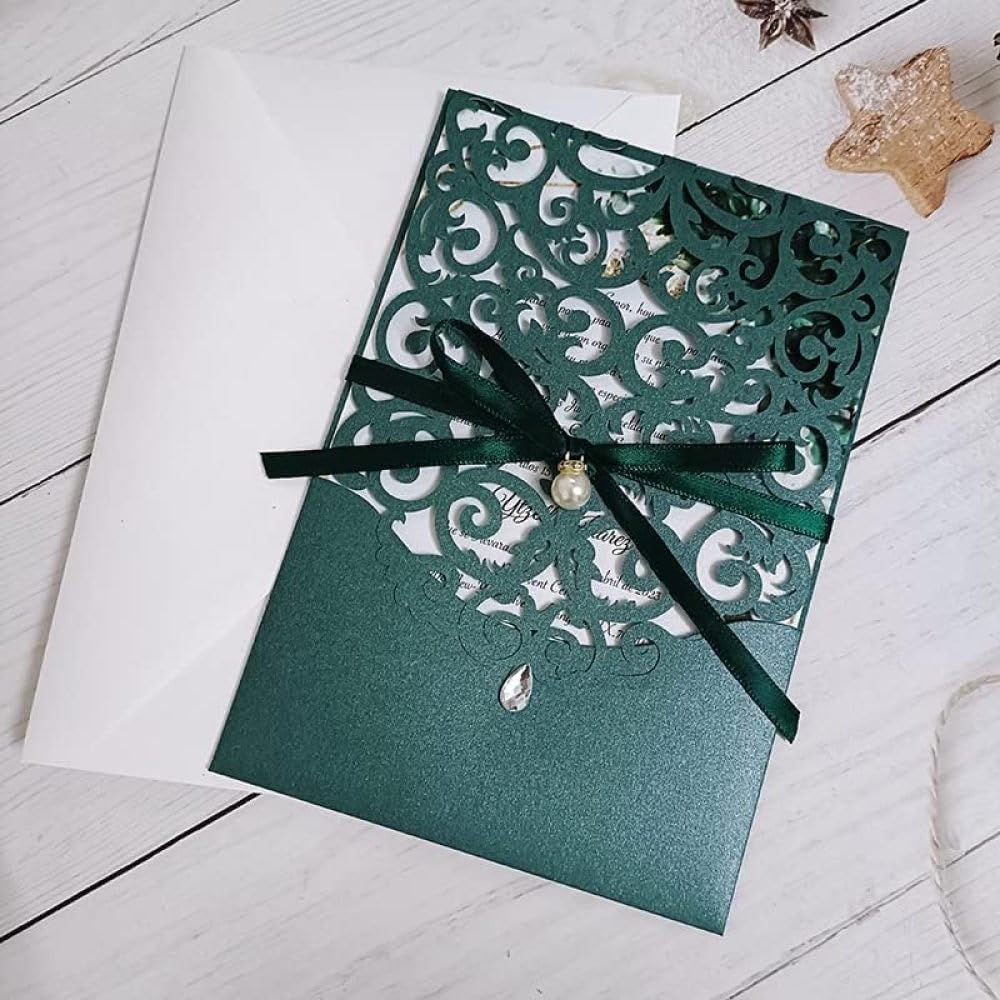 50 Set Scheda di invito Verde Tasca Smeraldo con Perla e Busta Fai -da -Te Stampa Personalizzata Taglio Glossy Dolce 15 inviti (Set Intero)