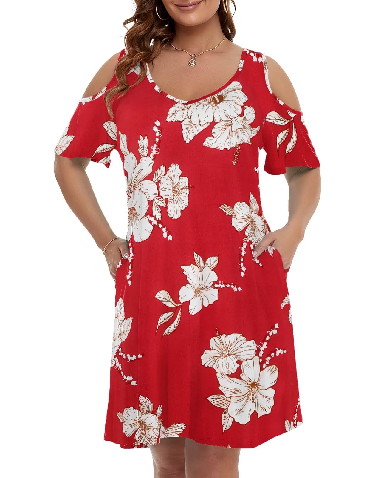JollieLovin Womens Plus Size Short Sleeve Cold Shoulder V Neck T-Shirt Dress with Pockets