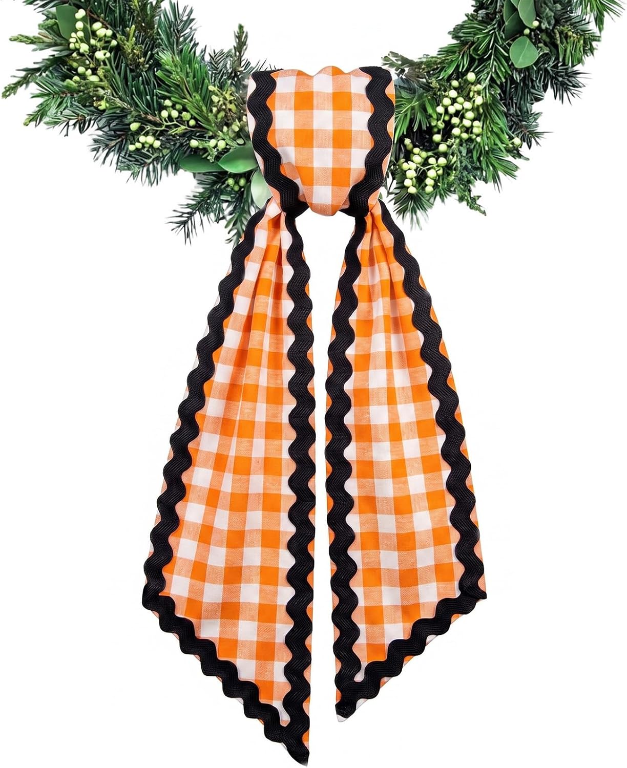 Wreath Sash for Front Door Orange White Buffalo Plaid Wreath Satin Sash Black Wave Garland Ribbon Accessories for Wreaths Yard Doorway Indoor Outdoor Bow Bridal Shower Home Decor,5.11 x 54.33